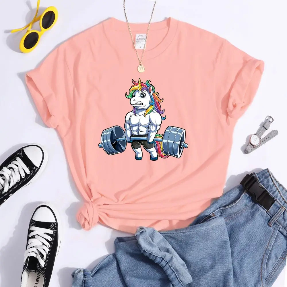 Camiseta divertida con estampado de unicornio para mujer ropa informal de verano de manga corta transpirable y holgada para gimnasio y Culturismo