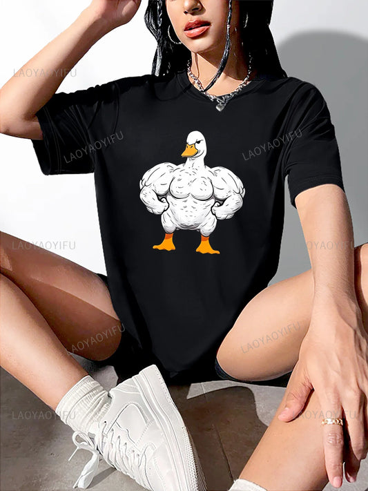 Funny Duck Print Casual Sports Printed Tshirt Woman Cotton Round Neck Running Fitness Short Sleeves Tops Womens Activewear