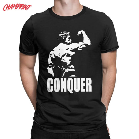 Mens Conquer Arnold Schwarzenegger T Shirt Pure Cotton Clothes Funny Short Sleeve O Neck Tee Shirt Printed TShirts