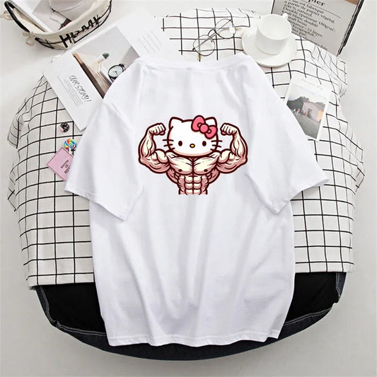 Muscle Sanrioes Women Tshirt Anime HelloKittys Cinnamorolls Kuromis Funny Modeling Ladies Clothes Casual Short Sleeve Tshirt