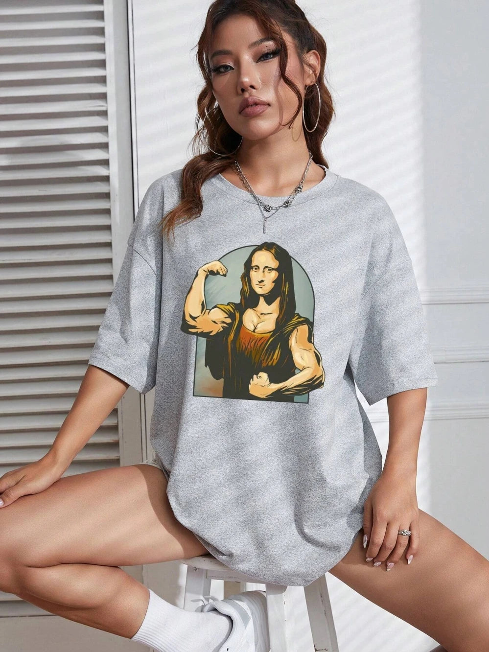 Playing Pranks On Mona Lisa Fitness Print Womens T Shirt Oversized Casual TShirt Casual Short Sleeve Cotton Loose Tshirt