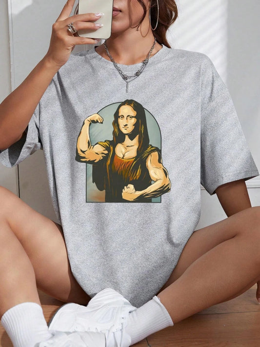 Playing Pranks On Mona Lisa Fitness Print Womens T Shirt Oversized Casual TShirt Casual Short Sleeve Cotton Loose Tshirt